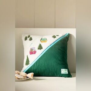 New Anthropologie Mountain Skiers Cat Gondola Embroidered Pillow